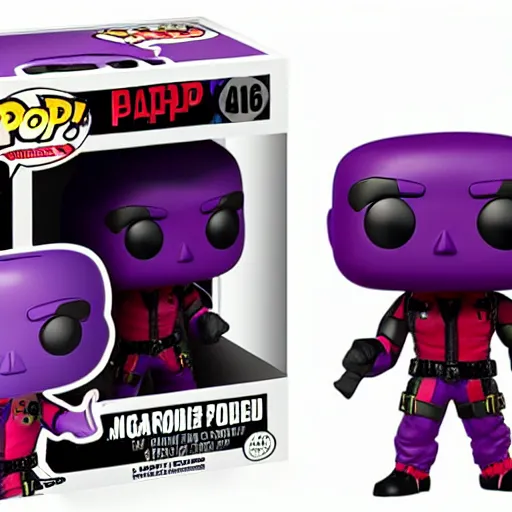 Image similar to Purple Deadpool Funko Pop, figurine, 24mm lens, high resolution 8k, studio lighting