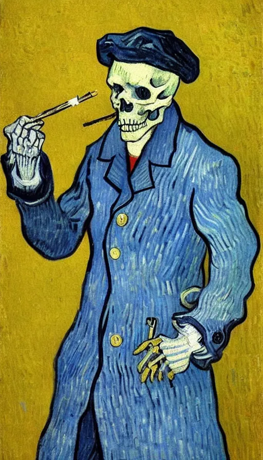 Image similar to 4k detailed painting by Van Gogh of a skeleton sailor (skeleton dressed like 19th century sailor in heavy wool coat, loose tie, shirt, and crooked crumpled hat, smoking cigarette), white and blue skeleton on a yellow background