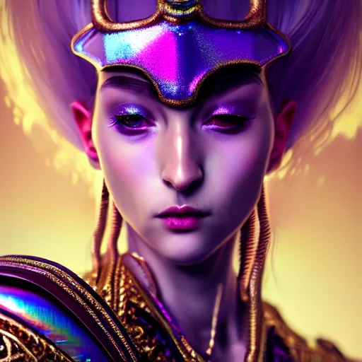 Image similar to hyperdetailed close portrait of a stunningly beautiful ukrainian girl androgynous wizard guard made of iridescent metals and shiny purple gems, bright rainbow nimbus, golden necklace, smoke background inspired by ross tran and masamune shirow and kuvshinov, concept art, intricate, photorealistic, octane render, rtx, hdr, unreal engine, dnd digital art by artgerm