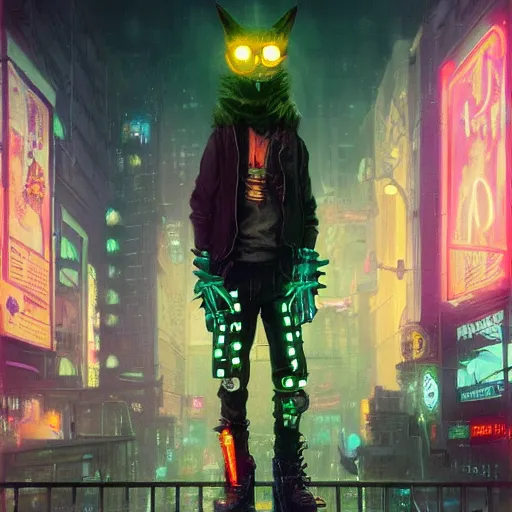 Prompt: anthropomorphic coyote character wearing black cyberpunk skater clothes with neon highlights in a cyberpunk city at night. Renowned character illustration by greg rutkowski, thomas kindkade, alphonse mucha, loish, norman rockwell. Trending on artstation 4k.