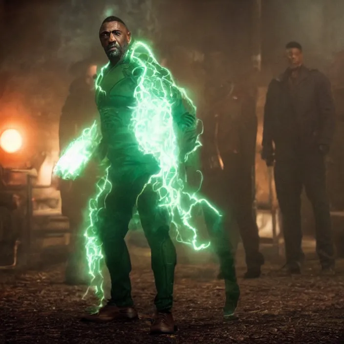 Image similar to film still of Idris Elba as Green Lanturn in new DC film, photorealistic 4k