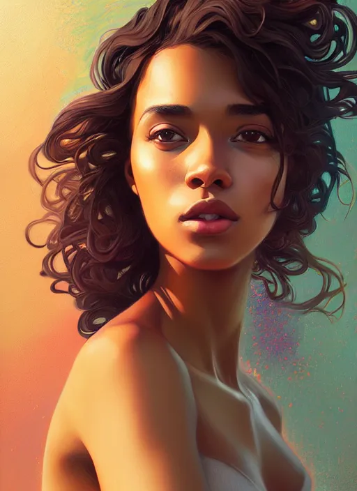 Image similar to handsome young black women with shoulder length brown hair, bikini, half body shot, path traced, highly detailed, high quality, digital painting, alena aenami, lilia alvarado, shinji aramaki, karol bak, alphonse mucha, tom bagshaw