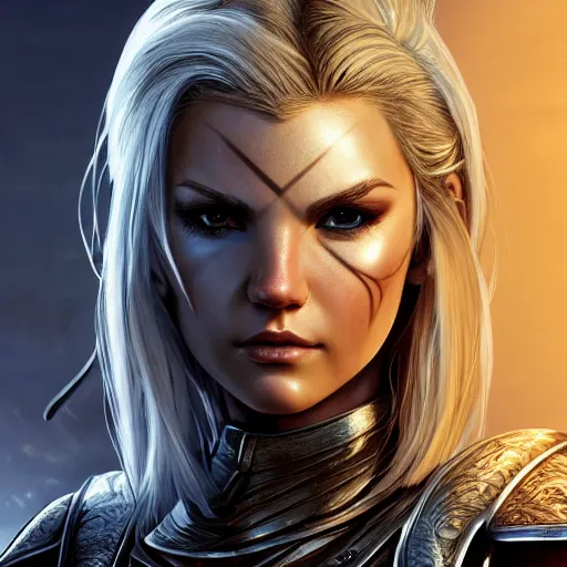 Prompt: front centered symmetrical RPG avatar portrait, Elisha Cuthbert as a paladin, blonde hair, ornate armour, dramatic lighting, cinematic, establishing shot, high detail, photo realistic, cinematic lighting, post processed, 8k, concept art, artstation, matte painting, in the style of eddie mendoza, raphael lacoste, alex ross