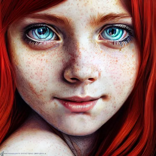 Prompt: a highly detailed, hyper realistic, red haired girl, with long hair, green eyes, hint of freckles, gentle face, cheeky smile, among golden fireflies, deep focus, elegant, digital painting, smooth, sharp focus, golden ratio, illustration, ultra realistic, 8 k, art by artgerm and caravaggio