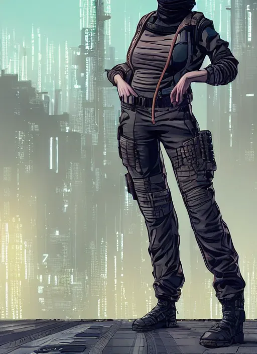 Prompt: Confident Sara. Female cyberpunk mercenary wearing a hijab, military vest, cyberpunk eyepiece and jumpsuit. gorgeous face. Realistic Proportions. Concept art by James Gurney and Laurie Greasley. Moody Industrial skyline. ArtstationHQ. Creative character design for cyberpunk 2077.