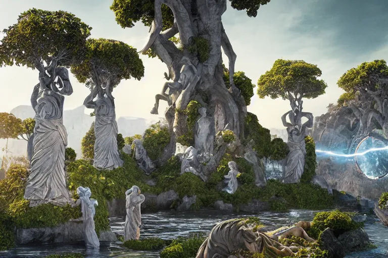 Image similar to greek god marble statue at the civilization gate,, floating islands connected with roots, avatar like landscape, high - tech space cult with trees and plants and alien flowers, dramatic lighting, epic, octane render, volumetric light, unreal engine, artbreeder, 8 k, background, scene, digital, artwork, high quality, 8 k