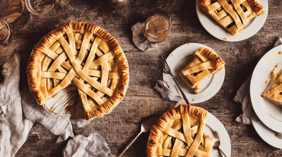 Image similar to photo of a delicious apple pie on a plate on the table of a rustic farmhouse in cornwall food photography, photorealistic, ultra realistic, maximum detail, recipes.com, epicurious, instagram 8k, volumetric light, cinematic, octane render