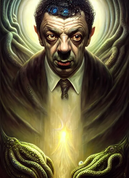 Image similar to lovecraft biopunk portrait of rowan sebastian atkinson, cthulhu, by tomasz alen kopera and peter mohrbacher