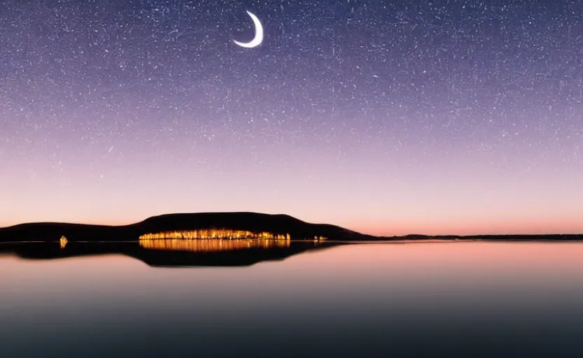 Image similar to a banana shaped crescent moon rising over a lake, stunning photography