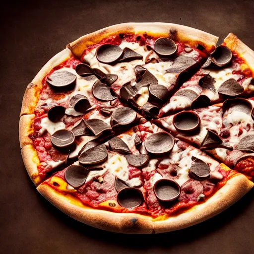 Prompt: a pizza with chocolate on it, photograph, 8 k resolution, food photography, studio lighting