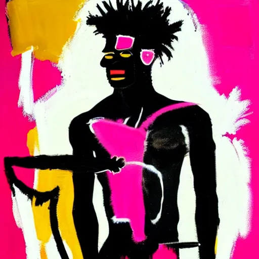 Prompt: A mirror selfie of a black handsome muscular man with white angel wings and black devil horns holding an iPhone, pitchfork, full body, pink background, abstract jean-Michel Basquiat oil painting with thick paint strokes, oil on canvas, detailed