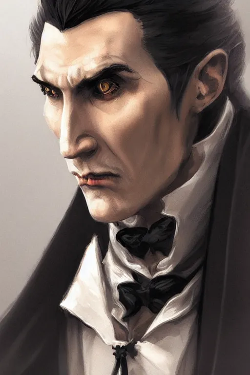 Image similar to portrait, count dracula 🧛‍♂️ , face portrait, raphael lacoste, eddie mendoza, alex ross, concept art, matte painting, highly detailed, rule of thirds, dynamic lighting, cinematic, detailed, denoised, centerd