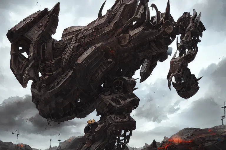 Image similar to giant mechanical beast smashing the ground, epic composition, large scale, digital art, sharp focus, trending on artstation, acton pose