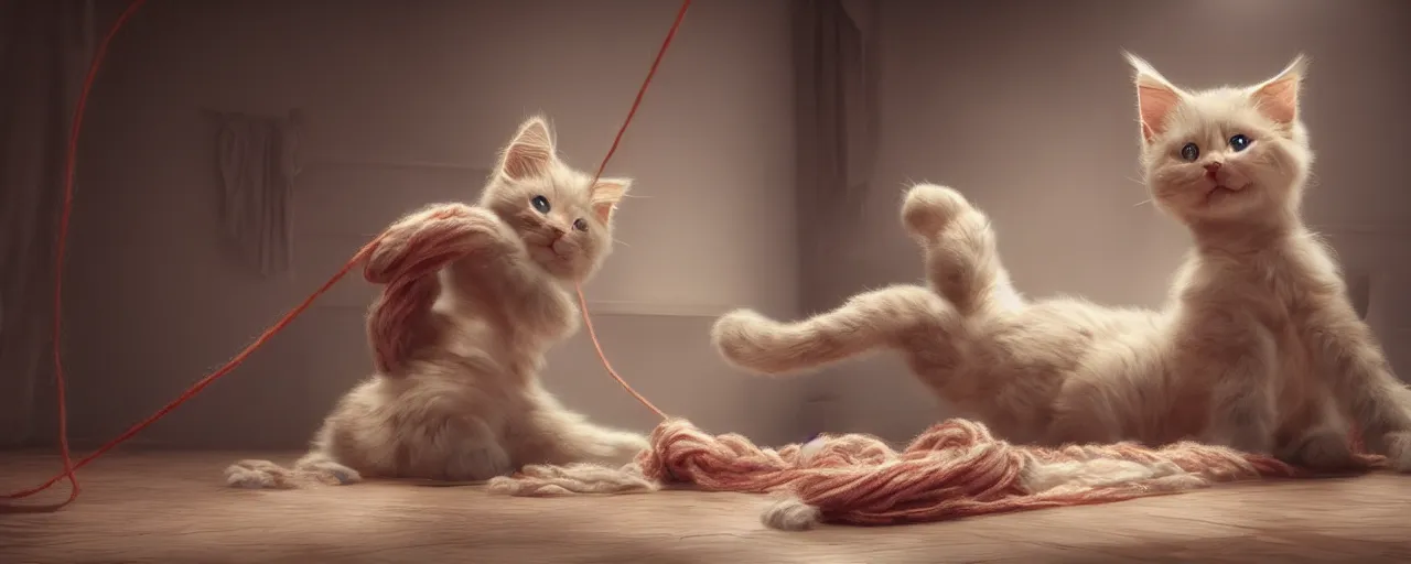 Prompt: a giant kitten playing with yarn in play house, beautiful dynamic lighting, cinematic, wide angle establishing shot, extremely high detail, photo realistic, cinematic lighting, post processed, concept art, artstation, matte painting, style by Anne-Louis Girodet , unreal engine 8k