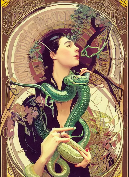 Prompt: an art nouveau illustration of a girl wearing an anorak holding a snake by kilian eng, john berkey and norman rockwell