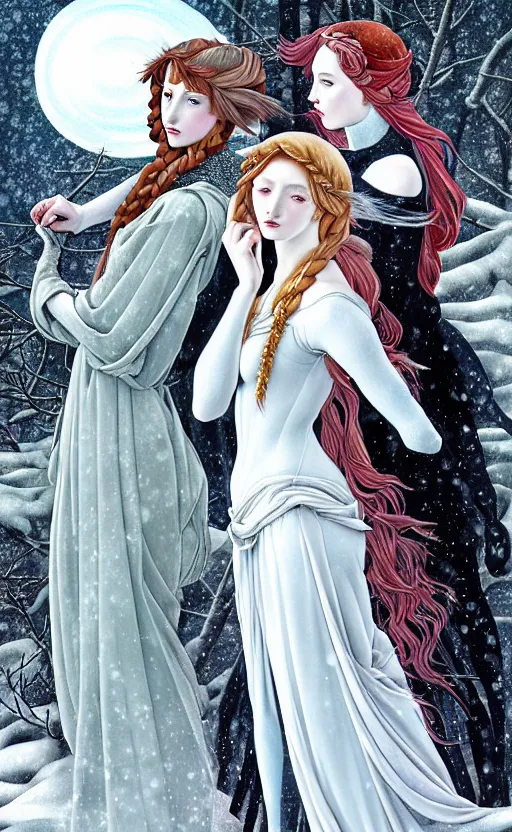 Prompt: allegory of Winter, as 3 figures, (Representing the 3 months of December, January, and February), in a mixed style of Botticelli and Æon Flux, inspired by pre-raphaelite paintings, shoujo manga, and Harajuku street fashion, sparse frozen landscape, dark and moody colors, hyper detailed, stunning inking lines, dramatic lighting, 4K photorealistic
