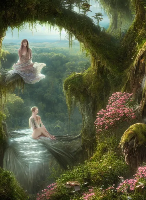 Image similar to an elegant fairy with wings of lace sitting and looking out at a lord of the rings scenery landscape, vast lush valley flowers and mushroom structures, stream, sunrise, god's rays highly detailed, vivid color, cinematic lighting, perfect composition, 8 k, gustave dore, derek zabrocki, greg rutkowski, belsinski, octane render