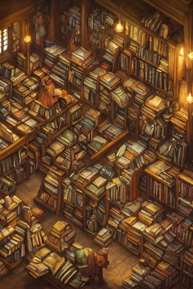 Prompt: a digital painting of a cluttered isometric medieval library by justin gerard, paul bonner, highly detailed, volumetric lighting, digital art, isometric, artstation hd