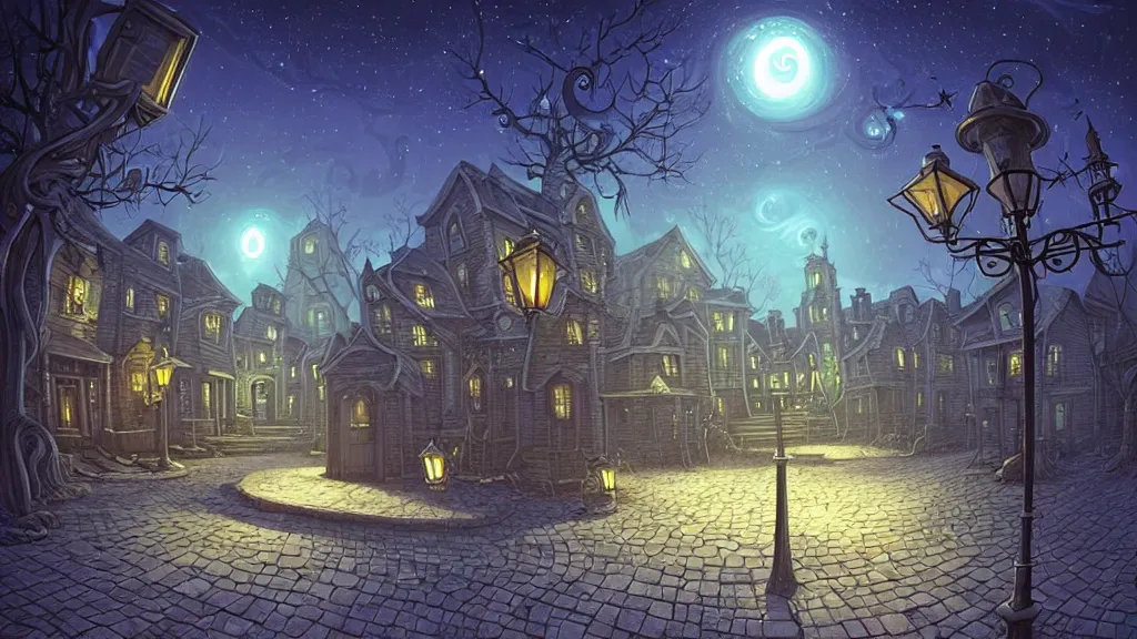 Prompt: empty lovecraftian town square surrounded by houses and inns. lovecraftian city at night by cyril rolando and naomi okubo and dan mumford and ricardo bofill. lovecraft. cobbled streets. oil lamp posts. lovecraftian statues. starry night sky. cthulhu.