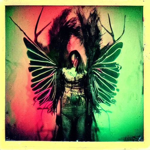 Image similar to a dark artistic photo of an alien creature with crazy wings, a polaroid photo, bleeding decaying colors!