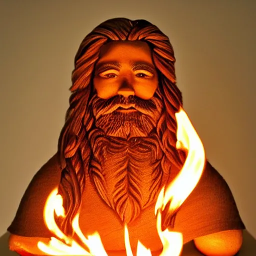 Image similar to a flawless, purely fire sculpture of a man with long hair, with trimmed beard, smiling widely. sculpture made of fire, extremely detailed, award-winning art, trending on Artstation