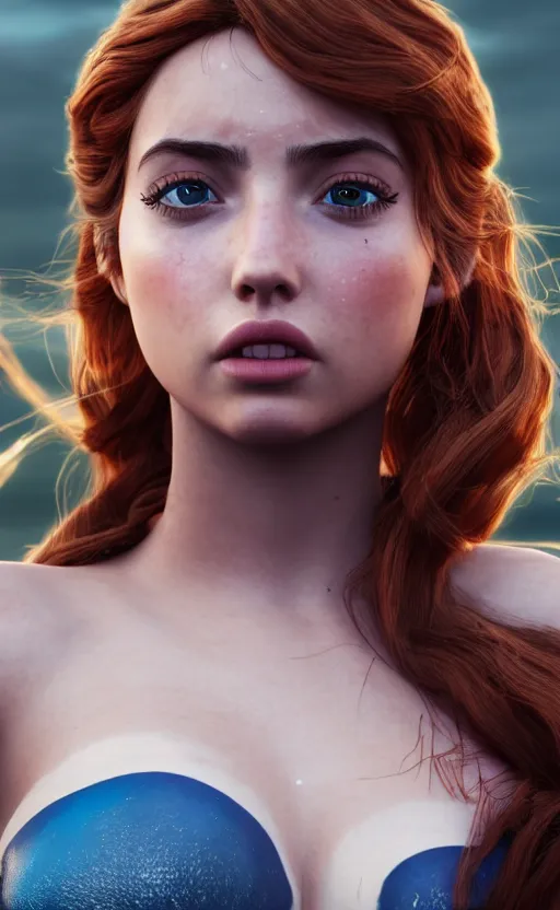 Image similar to ana de armas as ariel from little mermaid disney film, photo realistic, hyperdetailed, 8 k realistic, frostbite 3 engine, cryengine, dof, trending on artstation, digital art