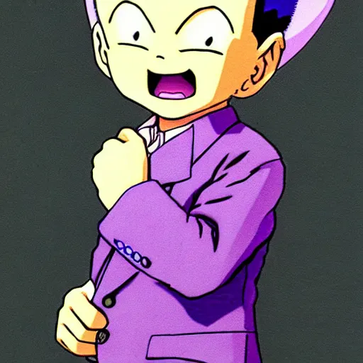 Image similar to pale little boy wearing a purple suit, artwork by toriyama togashi