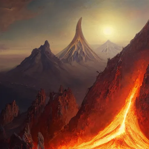 Image similar to panorama view on sauron, volcanic planes, oil painting, by Greg Rutkowski