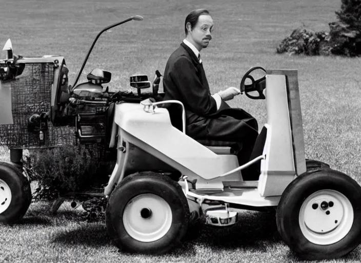 Prompt: steve buscemi driving a cadet cub lawn mower, movie still, from the new forest gump movie, 8 k, realistic