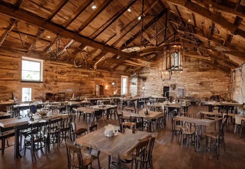 Prompt: 30ft x 50ft interior barn renovation as intimate folk music event space with bar and cafe tables 8k photorealistic