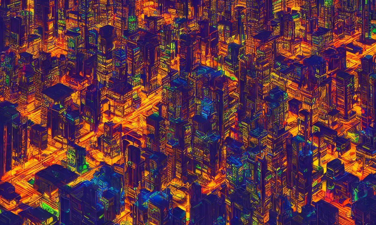 Image similar to bird eye view colorful photograph of a futuristic city, science fiction, night lights, beautifully lit buildings, drone view, mystic hues, distant, sharp focus, volumetric lights, digital art, RTX, hyperrealistic, cinematic, by lee madgwick