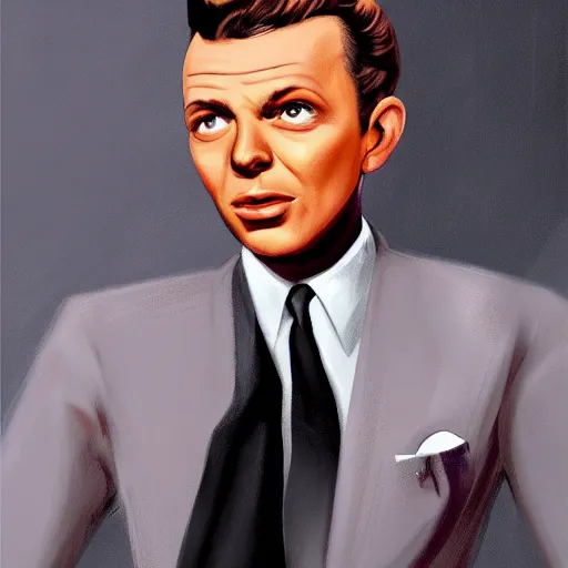 Image similar to perfect composition, subdued color palette, award-winning concept art, detailed digital painting, airbrushed, low contrast: costume design for young Frank Sinatra as a poor 1950s bartender. Volumetric cinematic lighting, great attention to perfect anatomy, special attention to posing, great attention to realistic facial expression, faithful cinematic color scheme, perfectly coherent. In the style of: Greg Rutkowski, Francis Bacon, Syd Mead, Norman Rockwell, Beksinski, Edward Hopper, James Gilleard, Ilya Kuyshinov, WLOP, Stanley Artgerm, Takato Yamamoto, and James Jean.