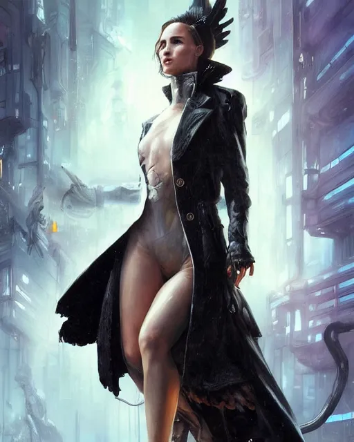 Image similar to beautiful fantasy character portrait, natalie portman, wearing oversized black trench coat, ultra realistic, wide angle, dramatic lighting, vultures, cyberpunk artifacts, highly detailed by peter mohrbacher, hajime sorayama, wayne barlowe, boris vallejo, aaron horkey, gaston bussiere, craig mullins