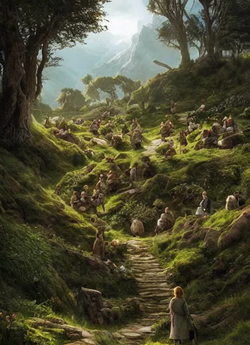 Image similar to hobbits in the shire scenery landscape, lord of the rings, highly detailed, perfect lighting, perfect composition, 4 k, artgerm, derek zabrocki, greg rutkowski