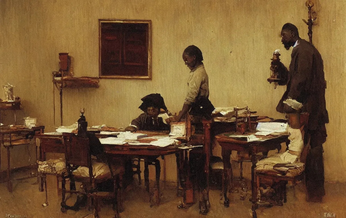 Image similar to colonial clerk working in office in lagos, 1905, highly detailed oil on canvas, by Ilya Repin