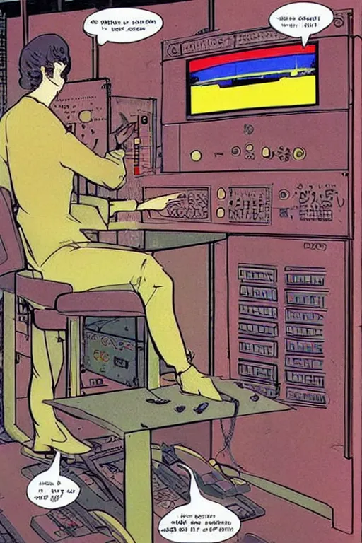 Prompt: a comic illustration of a person connected to a computer console by wires, the console is tall and imposing, there are many cables on the floor, futuristic, golden age of sci-fi, steampunk, neon colors, clean linework, art by Moebius