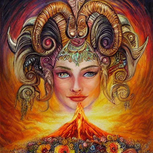 Image similar to painting by josephine wall, goddess with horns of a ram, checking her cell phone, erupting volcano in distance, sunset, flowers in foreground, zodiac, fantasy, acrylic on canvas, intricately detailed, highly detailed, high resolution, hdr, 8 k, by senior concept artist, trending on artstation