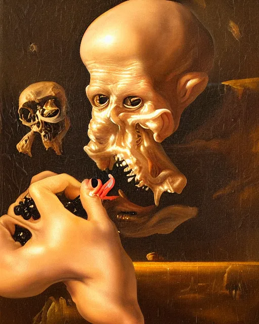 Image similar to refined gorgeous blended oil painting with black background by christian rex van minnen rachel ruysch dali todd schorr of a chiaroscuro portrait of an extremely bizarre disturbing mutated man with shiny skin acne dutch golden age vanitas intense chiaroscuro cast shadows obscuring features dramatic lighting perfect composition masterpiece