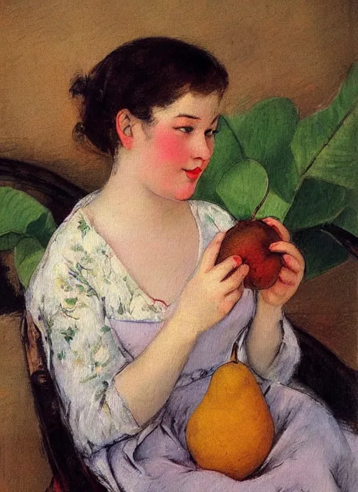 Prompt: vintage beautiful painting of a beautiful woman eating a pear in Mary Cassatt style