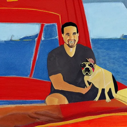 Image similar to klay thompson on a boat with his bulldog, by georgia o'keefe, by mark rothko