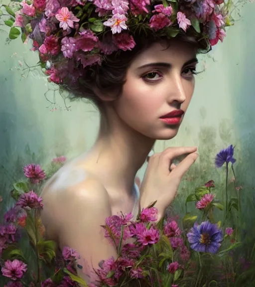 Image similar to portrait of ana de armas in 3 0 s, surrounded by flowers by karol bak, james jean, tom bagshaw, rococo, trending on artstation, cinematic lighting, hyper realism, octane render, 8 k, hyper detailed