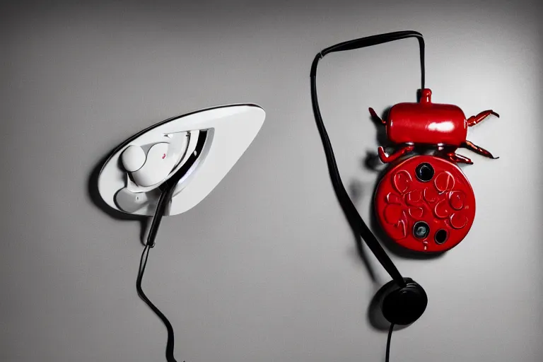 Image similar to commercial product photography advertisement for Salvador Dali’s Lobster Telephone, a black Rotary telephone with a red painted plaster lobster for a handle, Rear lighting, commercial studio lighting