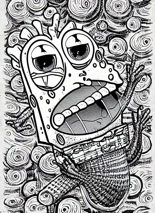 Image similar to junji ito style spongebob squarepants, intricate, highly detailed, illustration, art by junji ito, junji ito