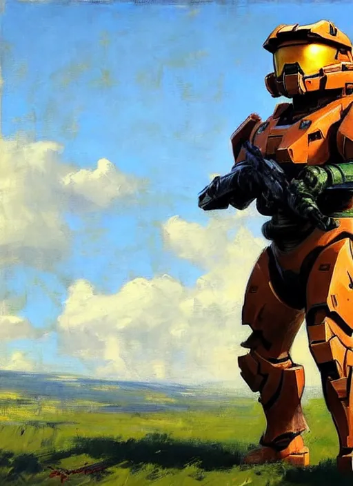 Image similar to Greg Manchess painting of a Corgi as Master Chief from Halo, countryside, calm, fantasy character portrait, dynamic pose, above view, sunny day, artwork by Jeremy Lipkin and Giuseppe Dangelico Pino and Michael Garmash and Rob Rey, very coherent asymmetrical artwork, sharp edges, perfect face, simple form, 100mm