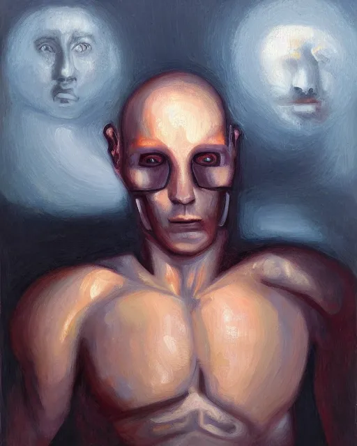 Prompt: sweet interesting portrait of a dreaming cyborg man, oil painting. HD