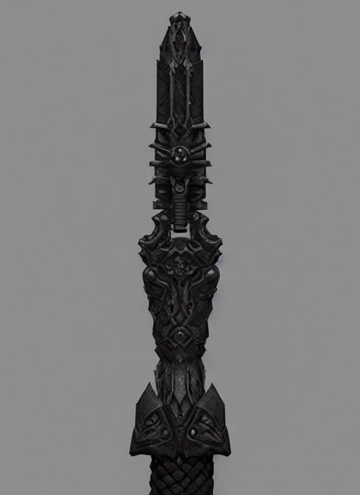 Prompt: a black great sword mini skull crest, orthographic, ornament, weapon, a 3 d render by dom qwek, front side, concept art, trending on polycount, artstation, hard surface modeling, rendered in maya, zbrush, blender, hd, vray, berserk, symmetry