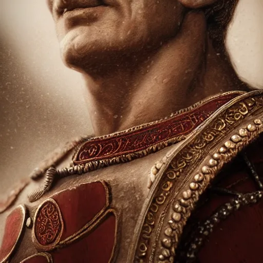 Image similar to a portrait of julius caesar, ancient roman setting, dynamic pose, close - up, intricate details, intricately detailed clothing, intricate textures, warm lighting, vivid colors, smoke and mist, realistic octane render, hyper realistic render, volumetric shading, depth of field, raytracing, 8 k,