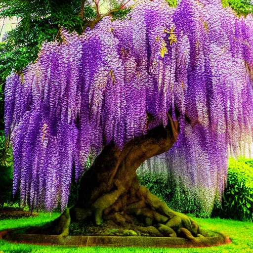 Image similar to a photo of a blooming wisteria bonsai tree, purple, cinematic, golden ratio, beautiful, 8k,