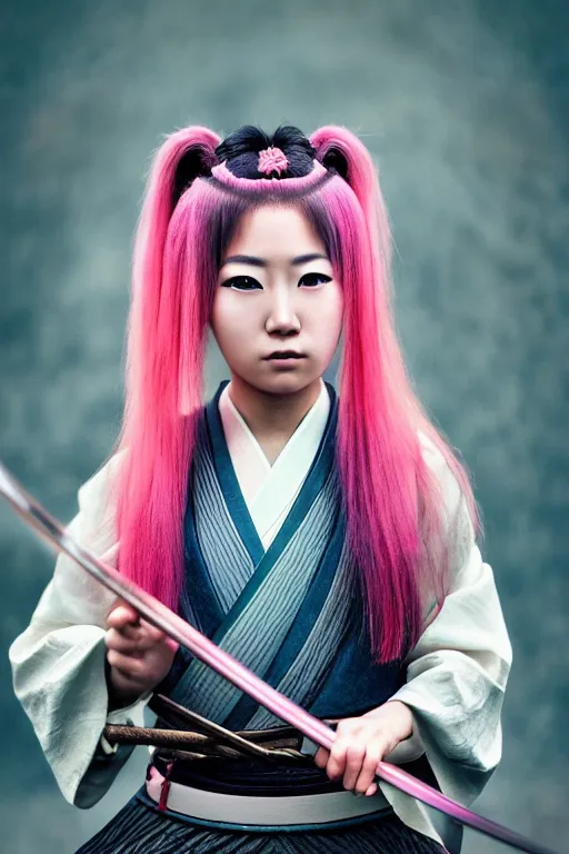 Image similar to highly detailed beautiful photo of a young female samurai, practising sword stances, symmetrical face, beautiful eyes, pink hair, realistic anime art style, 8 k, award winning photo, pastels colours, action photography, 1 / 1 2 5 shutter speed, sunrise lighting