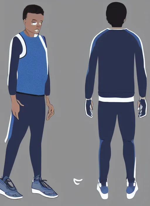 Prompt: a concept art of a man wearing a blue vest, navy blue sweater, black sports pants, fingerless gloves, and white running shoes